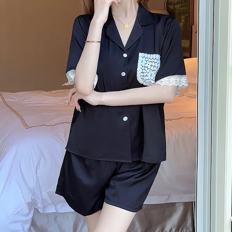 Ice Silk Sleepwear Women Summer Pajamas Sets Short Sleeve Shorts Lace Suit Thin Loungewear Kawaii Clothes Korean Nightwear Solid