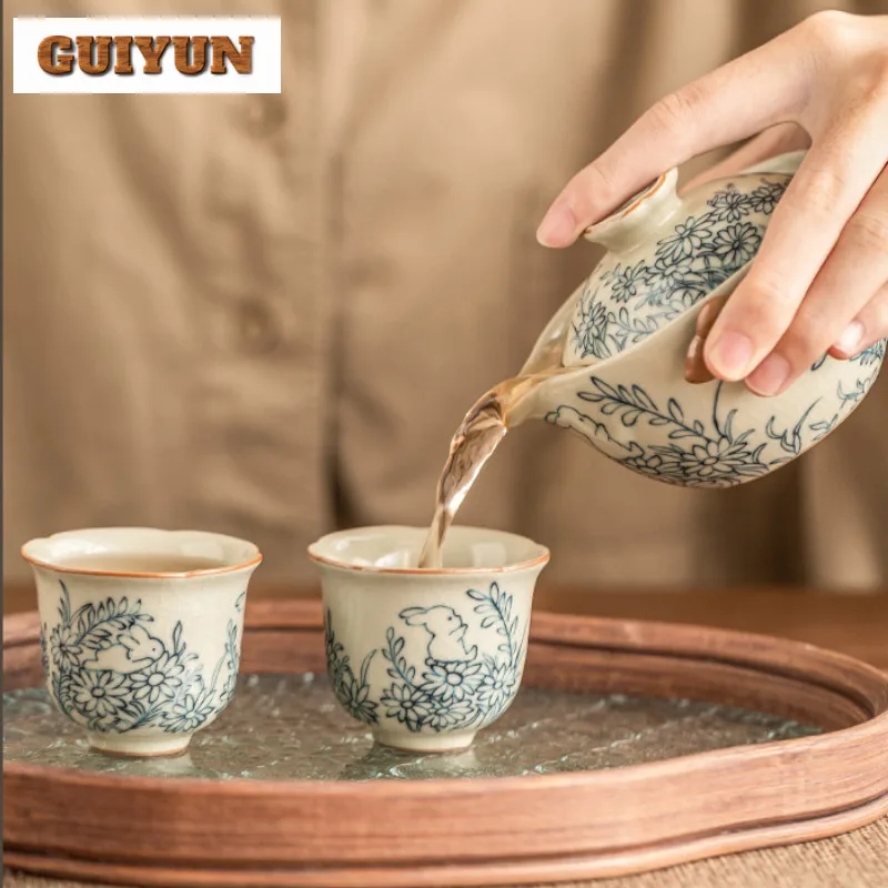Handmade Sunflower Ceramic Teaware Cute Rabbit Wu Kiln Pot Tea Maker Kettle With Filter Gass Tea Tray Teapot And Teacup Set Gift