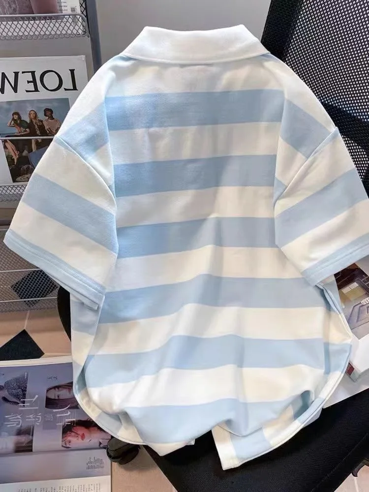 Embroidery Dog Print Polo T Shirts Stripe Women T-shirt Cotton Tee 2025 Y2K Casual Loose Shoujo Cute Oversized Tshirt