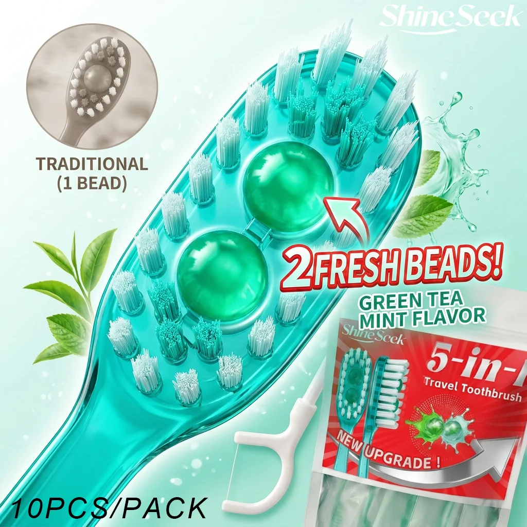 Newly Upgraded Dual-Effect Freshening Beads 10Pcs/Pack, Multifunctional 5-in-1 Cleaning Toothbrush, Green Tea Mint Flavor, Includes Two Freshening Beads + Toothbrush + Dental Floss + Interdental Cleaning Stick + Tongue Scraper, Five Major Features, Convenient and Soft, Soft Bristle Design, Teeth Care | Travel Essentials | Individually Packaged | Soft | Mint Green Tea Flavor | Travel Toothbrushes Are the Best Choice for Smart Families!