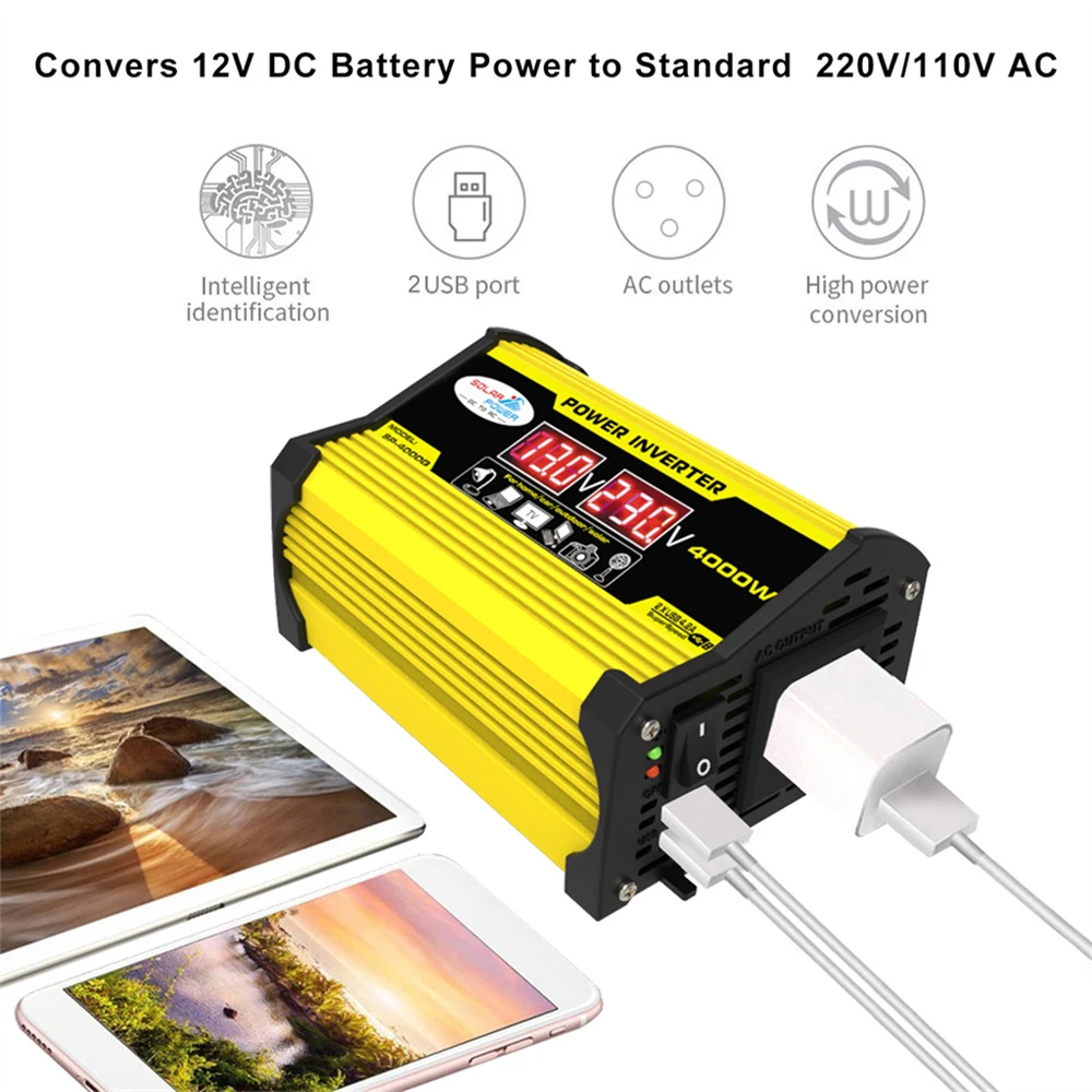 Portable Inverter Car Power Inverters DC12Volt To AC110/220Volt Transformer 4000W Modified SineWave Inverter Dual USB LEDDisplay