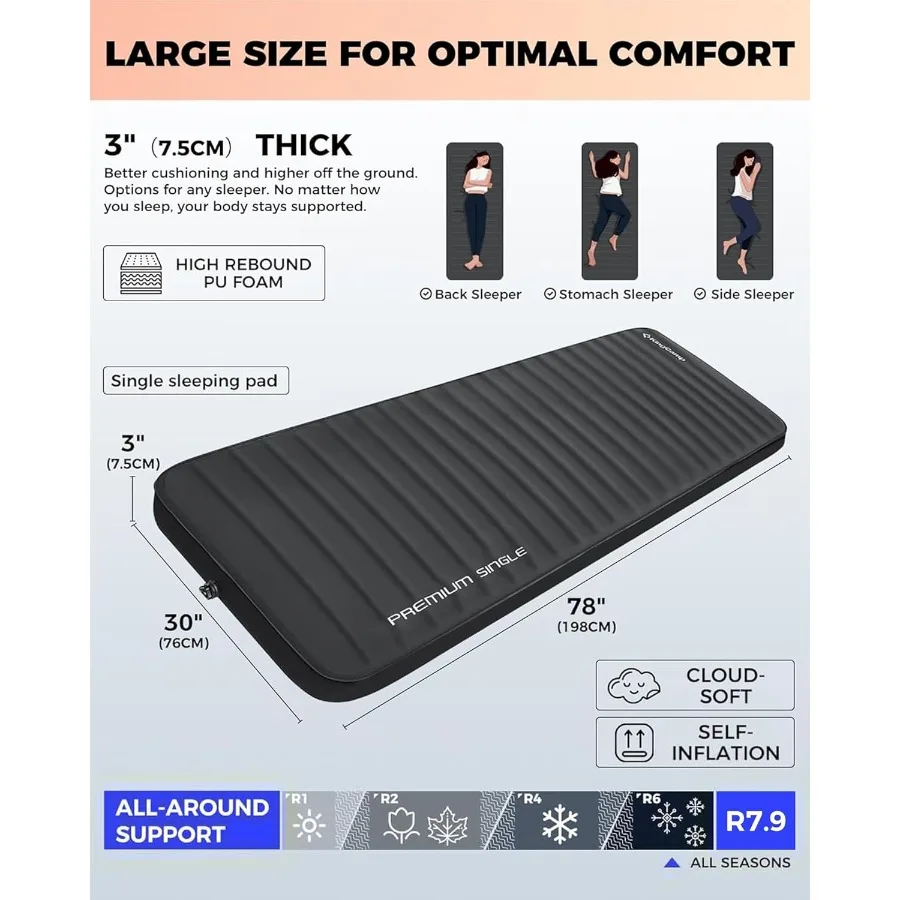 وسادة نوم ذاتية النفخ مع قيمة 7.9 للتخييم في جميع المواسم، مرتبة هوائية وإسفنجية سميكة بطبقة مزدوجة مقاس 3 بوصات مثالية للخيمة Ca #4