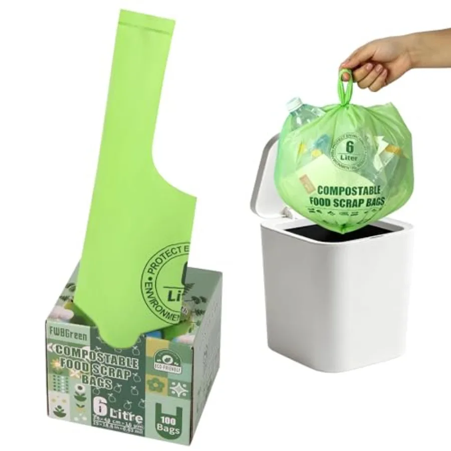 Small Compostable Trash Bags with Handles for Countertop Bin 6L, 1.2 Gallon 100 Count Green Biodegradable Recycle Bags for Kitc