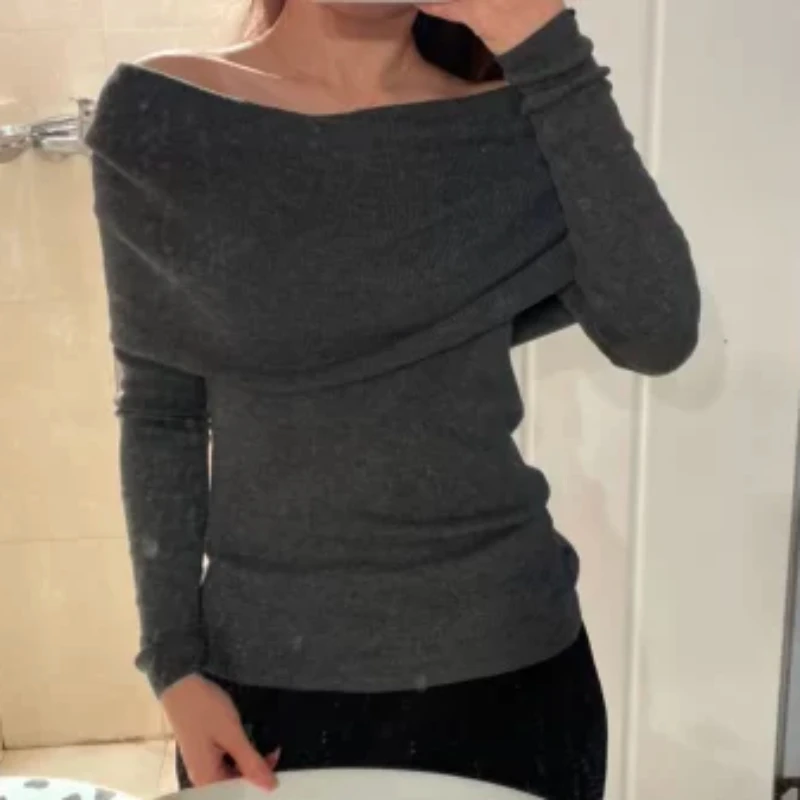 Slim Pullovers Women Korean Fashion Knitted Classy Solid Slash Neck Off-shoulder All-match Trendy Ins Spring Sweaters Sexy Girls