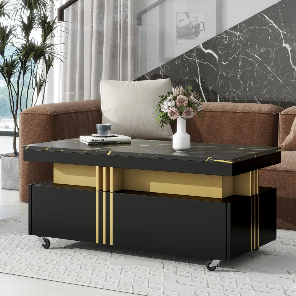 Modern Living Room Premium Black Central Coffee Table Artificial Marble Countertop Rectangular Table With Metal Strip Luxurious