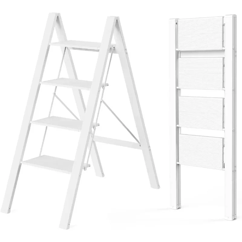 4 Step Ladder, Foldable Step Stool, Aluminum Lightweight Ladder for Home Kitchen Closet, Anti-Slip Pedals, Ease of Folding,