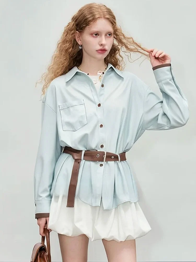 

ZhuoZhi Spring 2026 Loose Fit Long Sve Ne irt Color Blo lectual Sle Blue Women's Breathable Casual irt