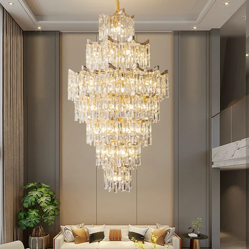 

Duplex building villa living room simple post-modern light luxury hollow crystal long chandelier