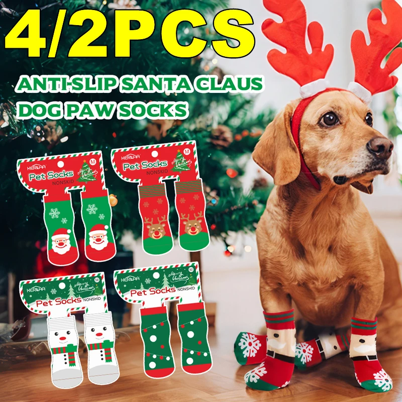 4/2PCS Christmas Dog Socks Anti-Slip Santa Claus Elk Dog Socks Soft Knitted Pet Paw Protector Puppy Doggy Large Dogs Indoor Wear