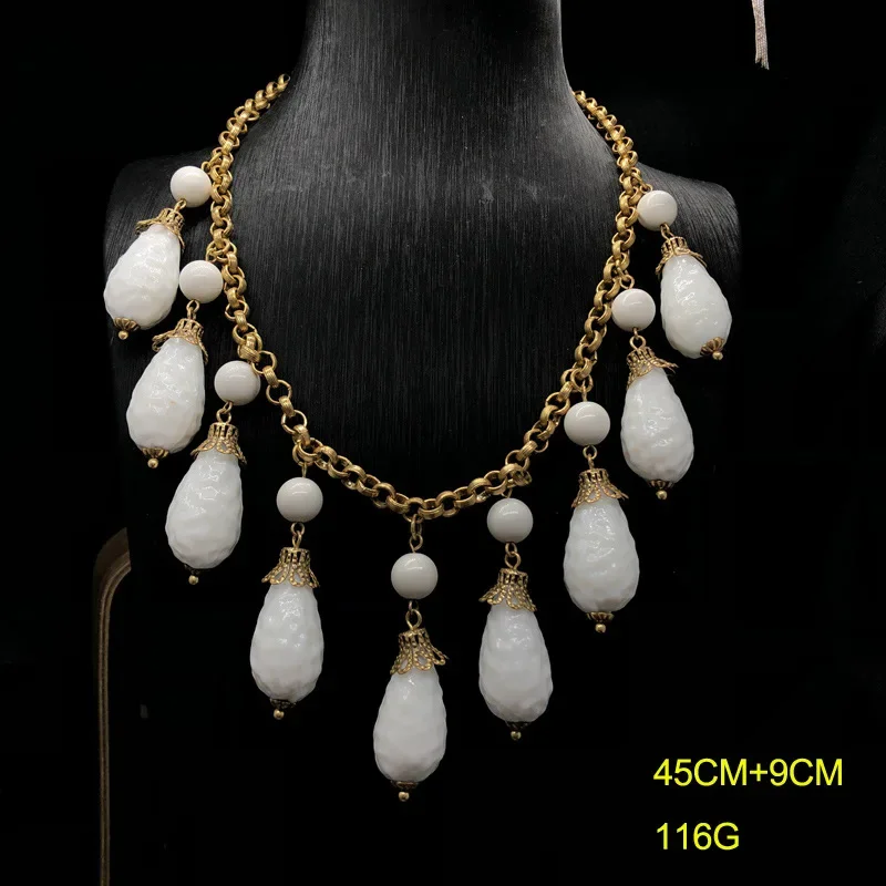 

Middle design new white drops drop tassel necklace earrings delicate luxury palace style natural stone set fashion female
