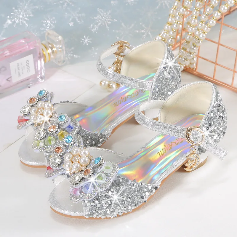 Summer Girls' Sandals Colored Diamond Princess Shoes 2024 New Children's High Heels Kids Bowknot Students Perform Dance Shoes