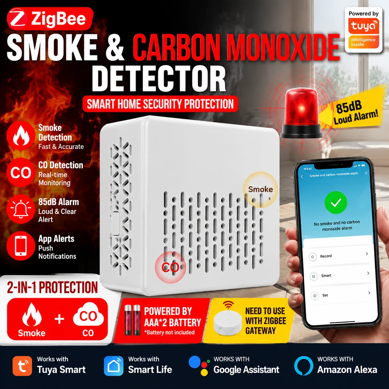 ZigBee Smoke Detector Carbon Monoxide Alarm Smart Home Security Sensor Tuya Smart Life APP Remote Control Fire Alarm CO Detector