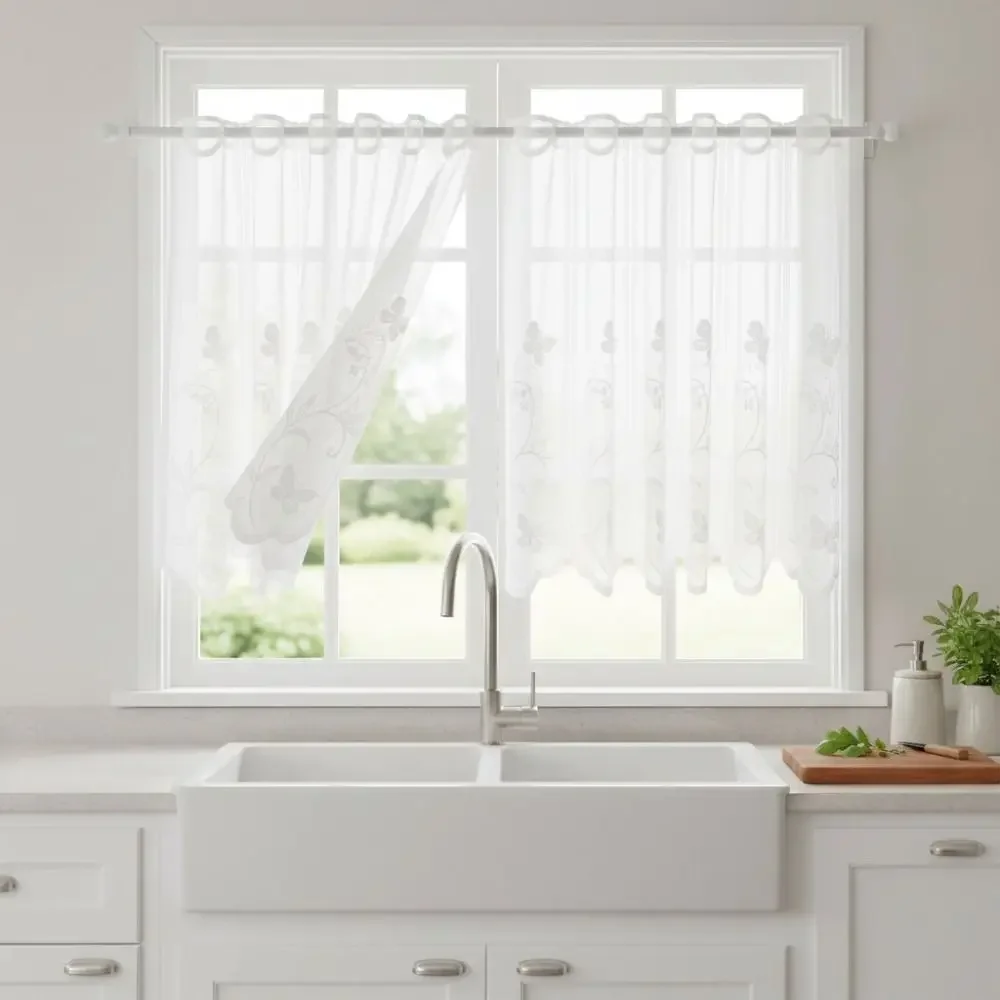 Floral Embroidery White Lace Short Window Sheer Through-shaft Type Translucent Partition Short Valance Decorative Breathable