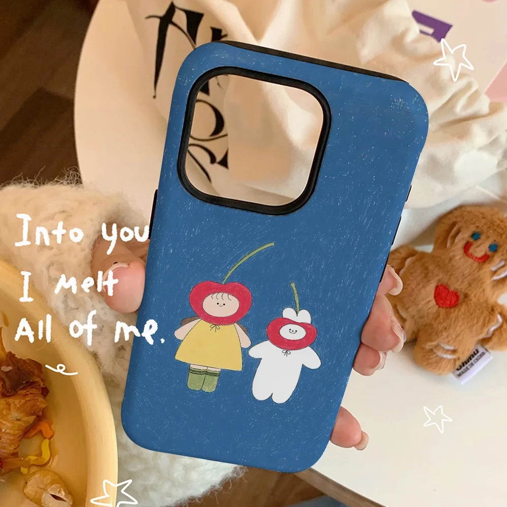 Ins Korean Blue Cherry Girl Cartoon Case for IPhone 16 15 14 13 Pro Max 12 Mini 11 Pro Plus Shockproof Protective Hard PC Cover