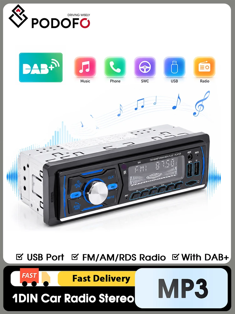 Podofo 1DIN Autoradio Stereo 12V Bluetooth Audio MP3-Player mit Fernbedienung FM AM RDS DAB Plus USB SD AUX IN Digitaler Auto-Musikempfänger für Fahrzeuge