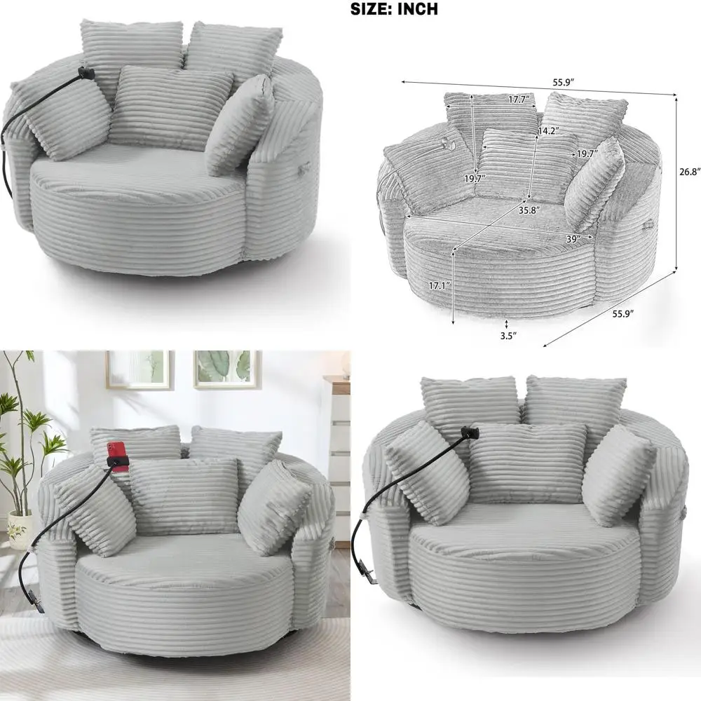 

360° Swivel Barrel Chair with 5 Pillows, Adjustable Armrest, Corduroy Fabric, Semi-Wraparound Design for Living Room, Office, Ho