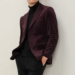 Fall Spring Men Smart Business Slim Wine Red Corduroy Blazer Coat , Man Fashion Full Sleeve Blazers Coats