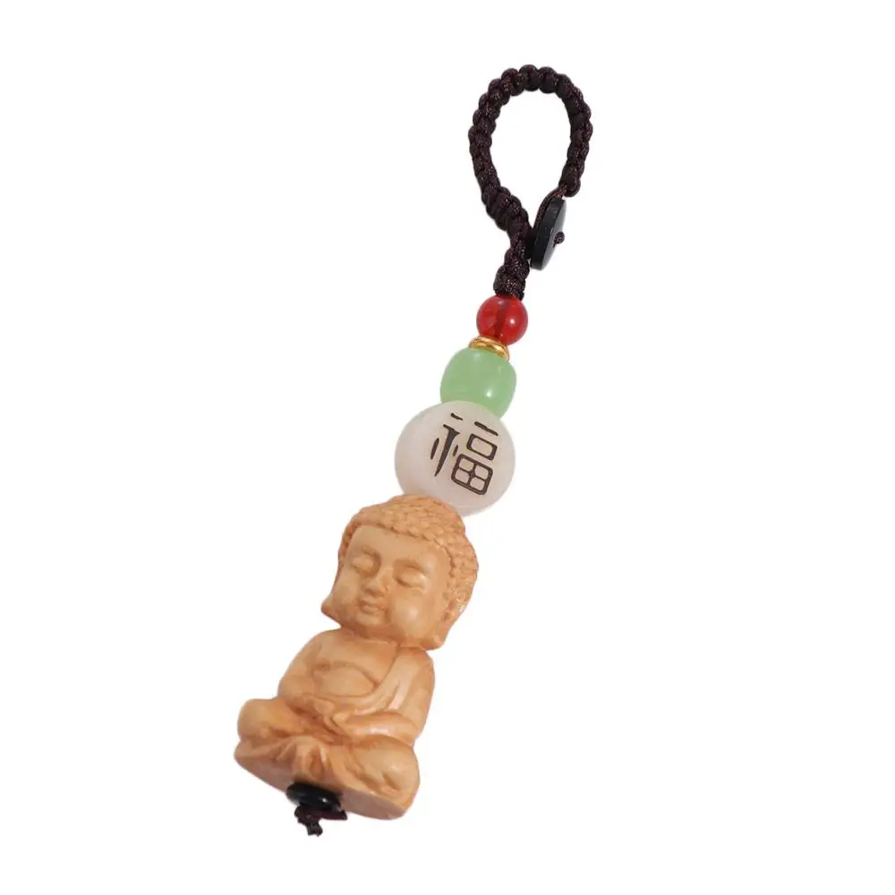 Men Women Boxwood Buddhist Keychain Wooden Handcarved Tathagata Buddha Lanyard Natural Monk Buddhist Keyring Mobile Phone Chain