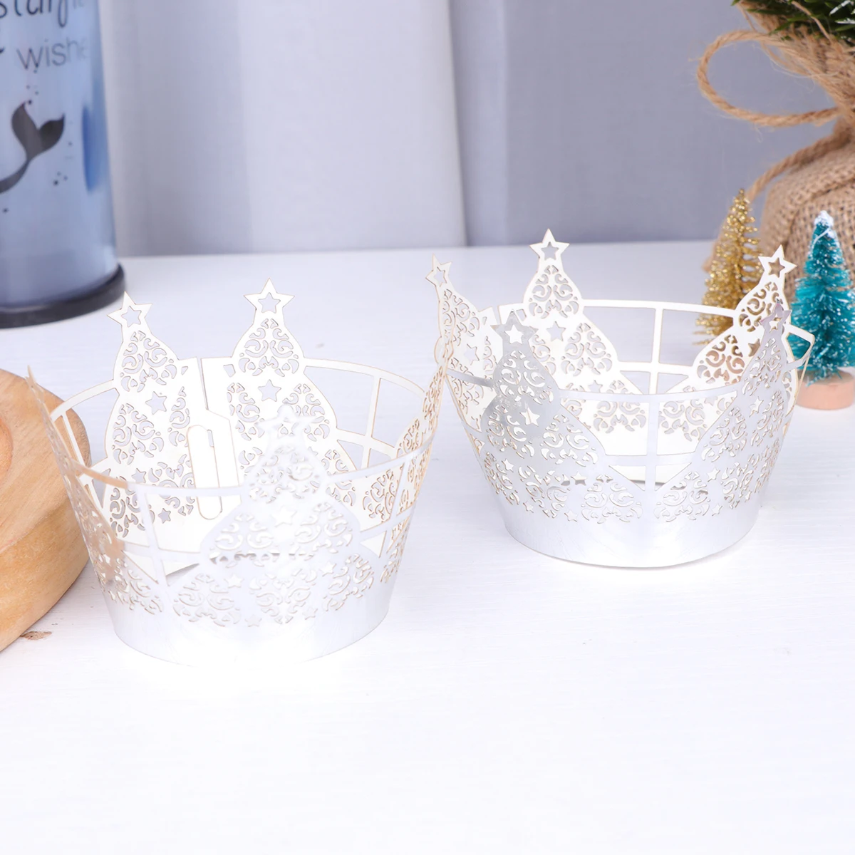 

50 PCS Cake Wrapping Paper Cups Christmas Tree Muffin Liners Cupcake Wrappers Silver