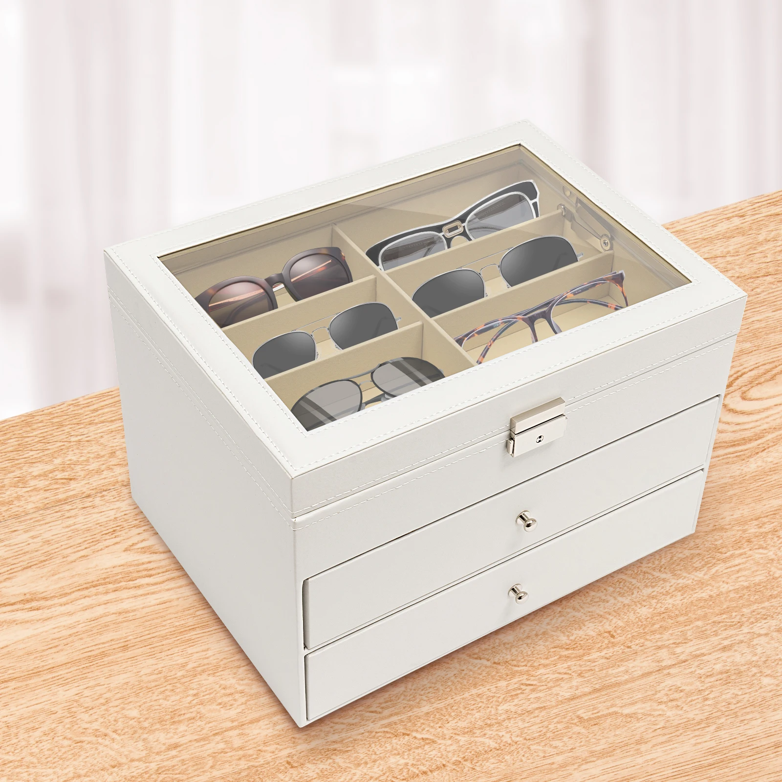 3 Layers 24-Grids Freestanding Watches Sunglasses Eyeglass Glasses Storage Display Box/ Holder Organizer Case White