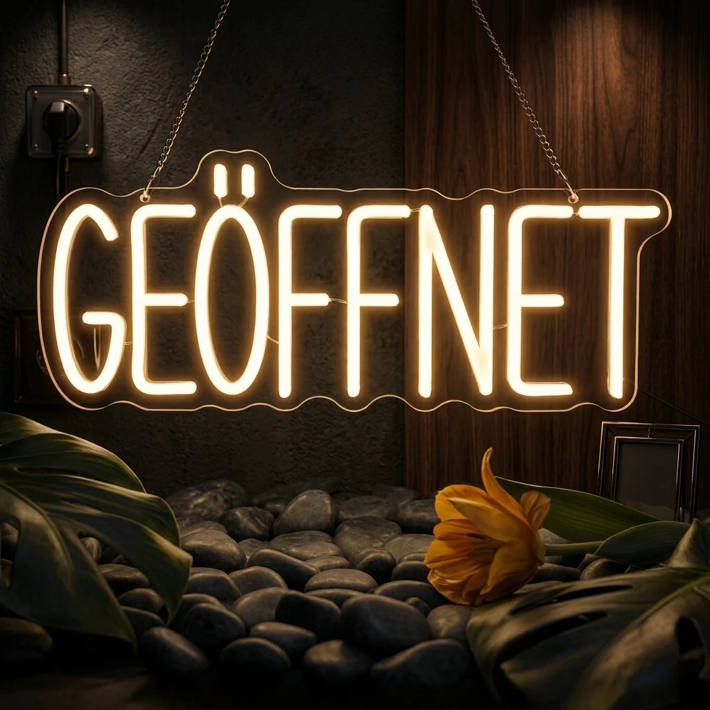 

Немецкая неоновая вывеска "Geöffnet" с регулируемой яркостью, светодиодная, с питанием от USB, настенная, для магазина, ресторана, простая установка
