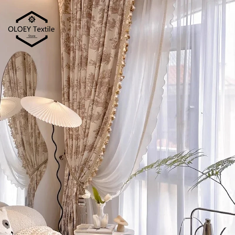 

Retro Cream Jacquard Curtains with Tassel Lace Trim Custom Tulle Drapes for Balcony French Window Living Room Bedroom Vintage