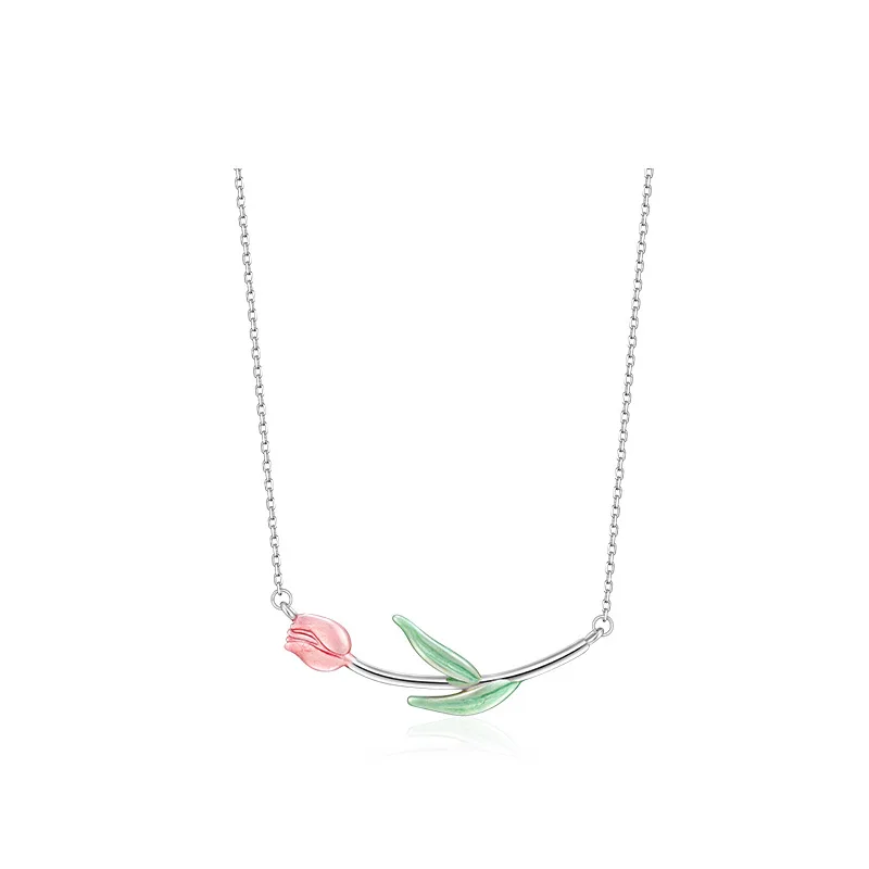 Aesthetics Oil dripping Tulip Pendant Necklace Women 925 Sterling Silver Fashion Charm Anniversary Jewelry Gift