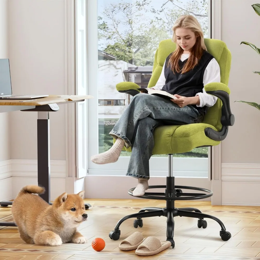 كرسي مكتب قائم مريح وقابل للتعديل مع مساند للذراعين قابلة للطي ودعم قطني وحلقة للقدم للاستخدام المكتبي الطويل #2