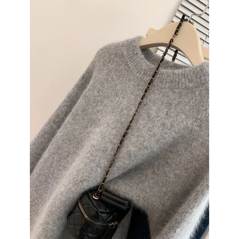 Maglione lavorato a maglia morbido grigio da donna autunno inverno top a maniche lunghe allentato nuovo cappotto caldo pullover semplice con scollo a O in tinta unita