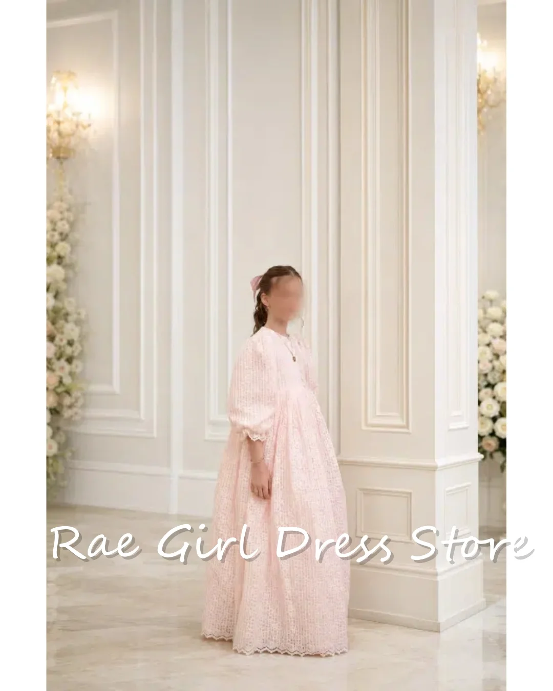 Pink Flower Girl Dress Puff Half Sleeves Hollow Lace Floor Length A Line Gowns For Wedding Birthday Church Formal Photoshoot