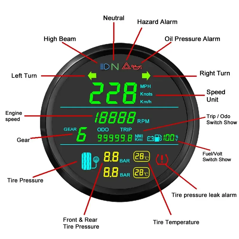 2026 New Tire Pressure Motorcycle speedometer RPM tachometer digital fuel gauge gps speedometer