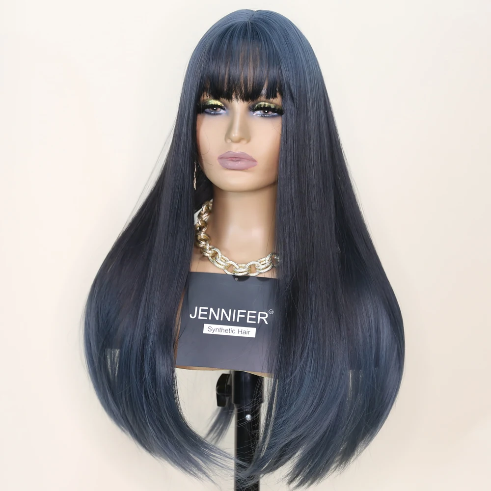 Synthetic Wigs Long Silk Straight wig with Bangs Lake Blue color Cosplay Wigs For Woman Heat Resistant Fibre Full Mechanism wig