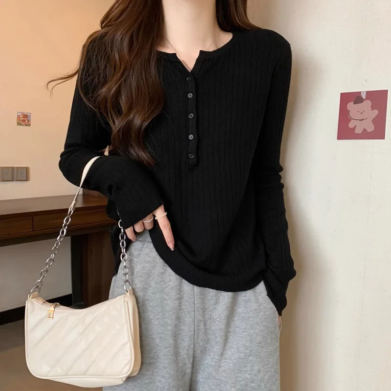 Spring Autumn New V-neck Long Sleeve Knit Pullovers Women Clothing Casual Fashion Solid Button Sweaters All-match Elegant Tops