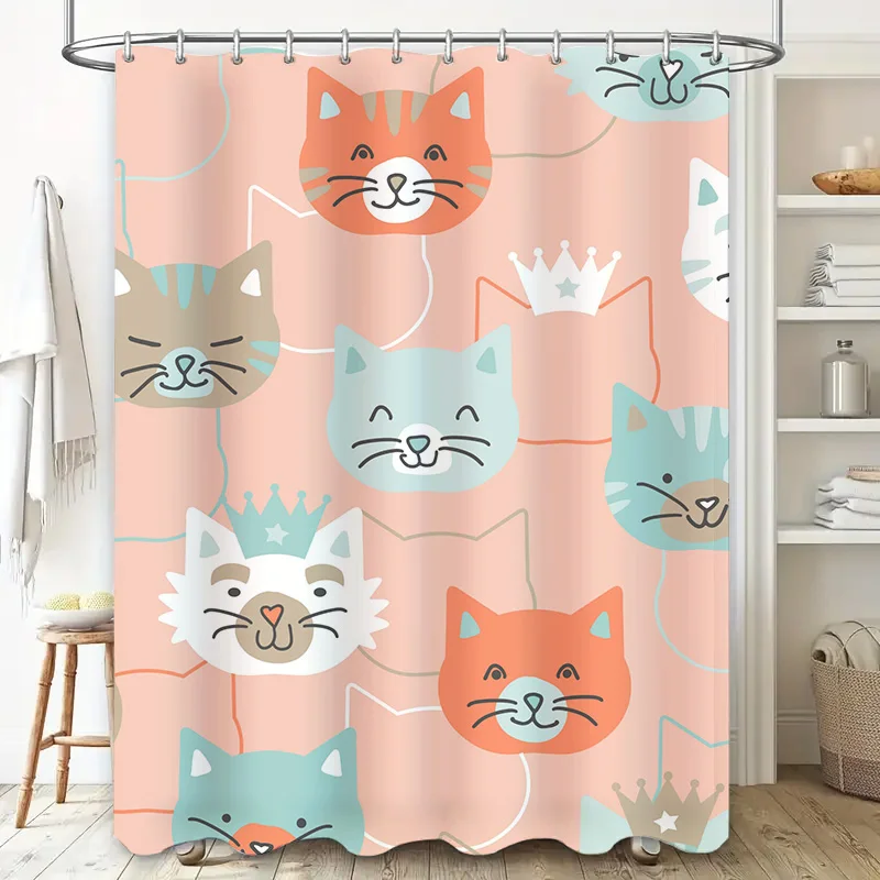 Charming Cat Print Shower Curtain Waterproof Fabric for Bathroom Decor Pink Background with Various Facial Expressions (128 char