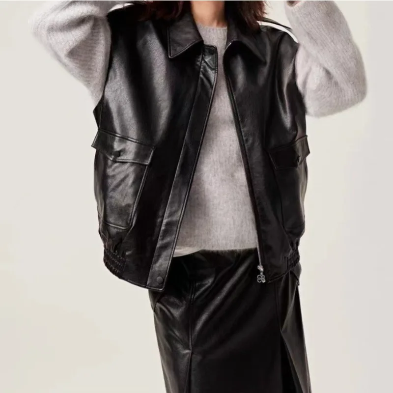 

Кожаный жилет из овчины без рукавов для женщин, весна-осень, новинка