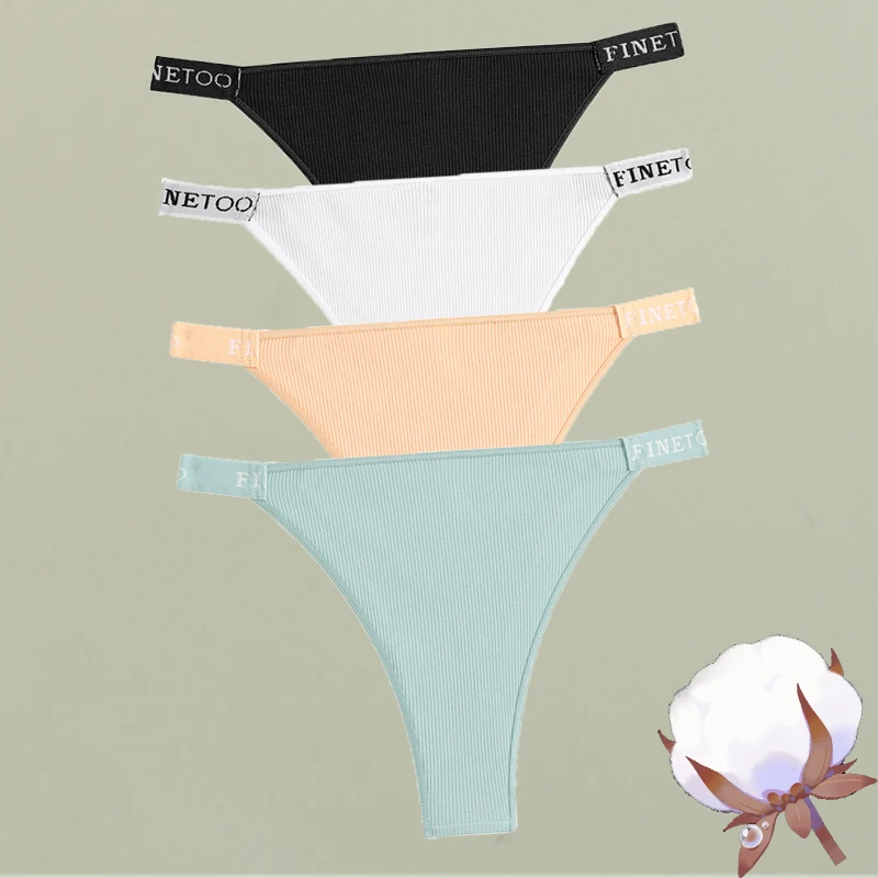 4 Teile/satz Frauen Baumwolle Rippen Gestreiften Tangas Weibliche Sexy FINETOO Brief Höschen Atmungsaktive Unterhose Low-Taille G-string Dessous