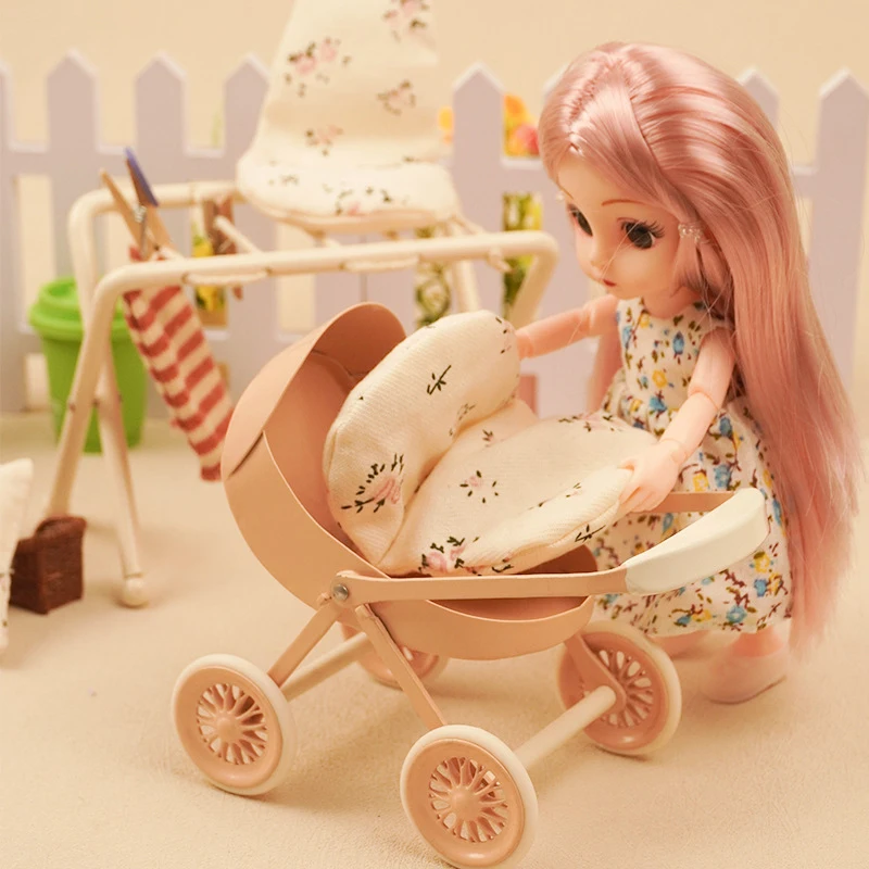 Miniature Metal Stroller Scale Realistic Baby Pushchair for Dollhouse  Miniature Scene Children's Toy Model For BJD Doll