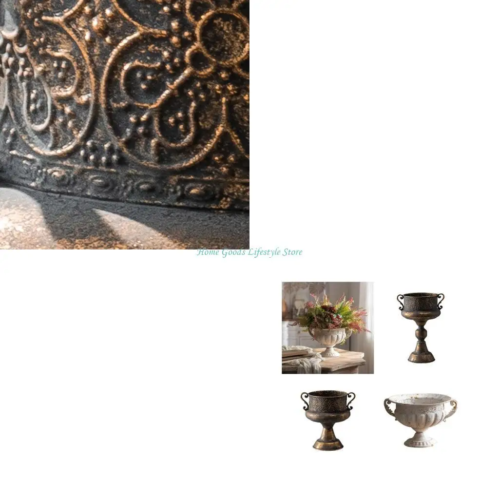 E74E Elegant Embossed Iron Urn For Centerpiece Display In Garden Living Space Home Setting
