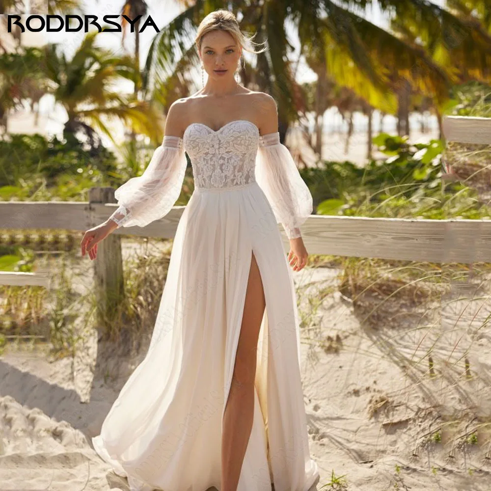 Roddrsya chiffon ajustado vestido de novia de manga esponjosa letra a eRODDRSYA Vestido De Novia De gasa Deatchable con mangas abullonadas, corte en A, elegante Vestido De Novia con abertura lateral, Apliques De encaje