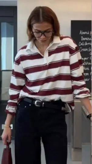 Camiseta informal para mujer, Tops de manga larga a rayas con cuello vuelto, Tops de manga larga para mujer, Tops informales cómodos para otoño