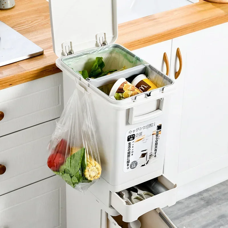 Simple Long Tube Rubbish Bin, Double Partition Trash Can, Mobile Pulley Garbage Basket, Dry and Wet Separation Kitchen Bin