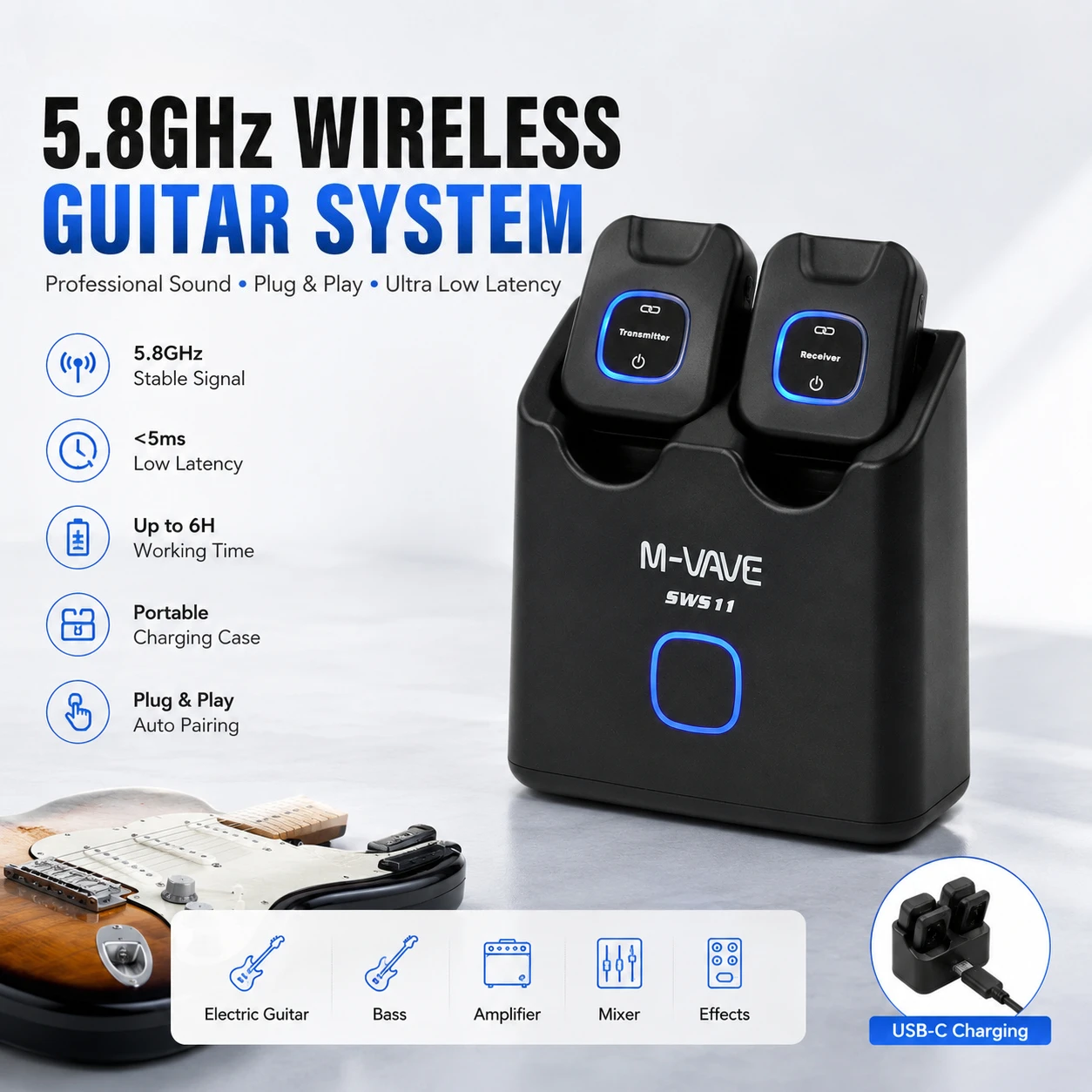 Professional Wireless Guitar System 5.8GHz Digital Transmitter Receiver with Portable Charging Case for Musicians