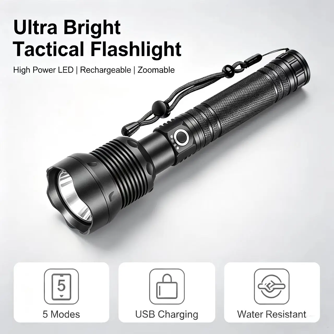 USB Rechargeable Super Bright LED Flashlight Torch XHP70.2 Tactical Zoom Lamp with 18650 Or 26650 Battery for Camping