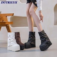 2025 14cm Women Ankle Boots Microfiber Leather Waterproof Warm Fur Winter Boots for Women Booties Platform Hidden Heel Shoes