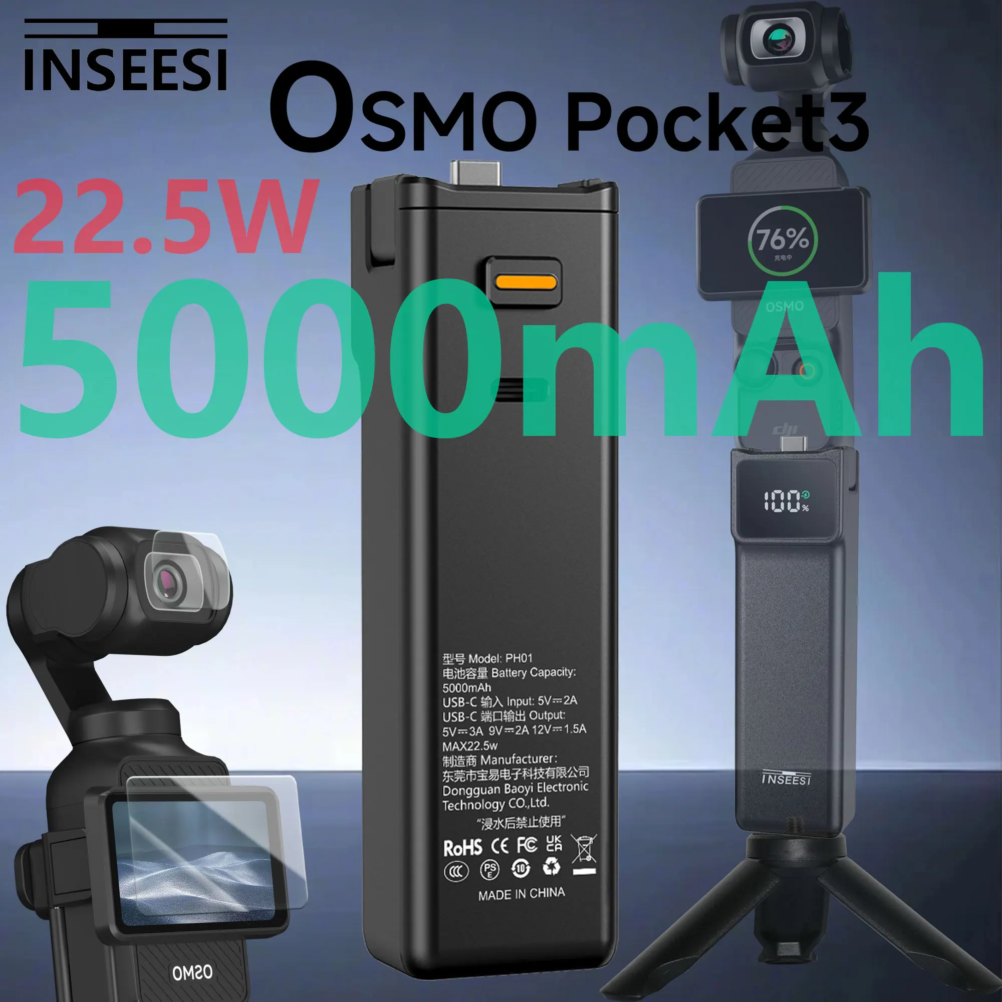 

For DJI Osmo Pocket 3 Battery Handle Osmo Pocket 3 Battery 5000mAh 22.5W