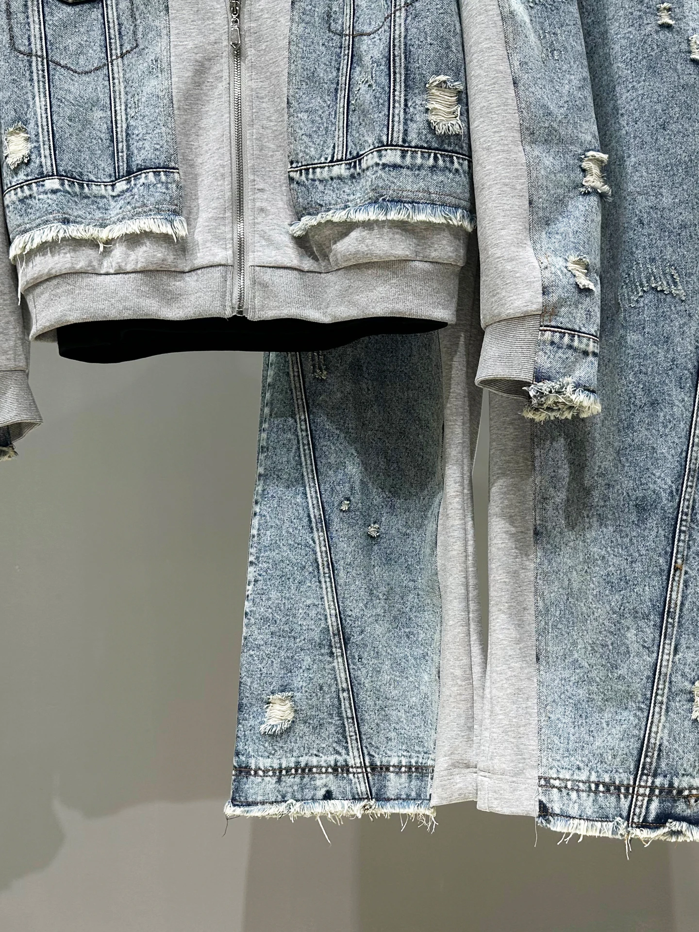 Fashion Casual Men's Denim Patchwork Jacket Set Loose Zipper Jackets Coat High Waist Wide Leg Pants Two-Piece Set Mens Autumn
