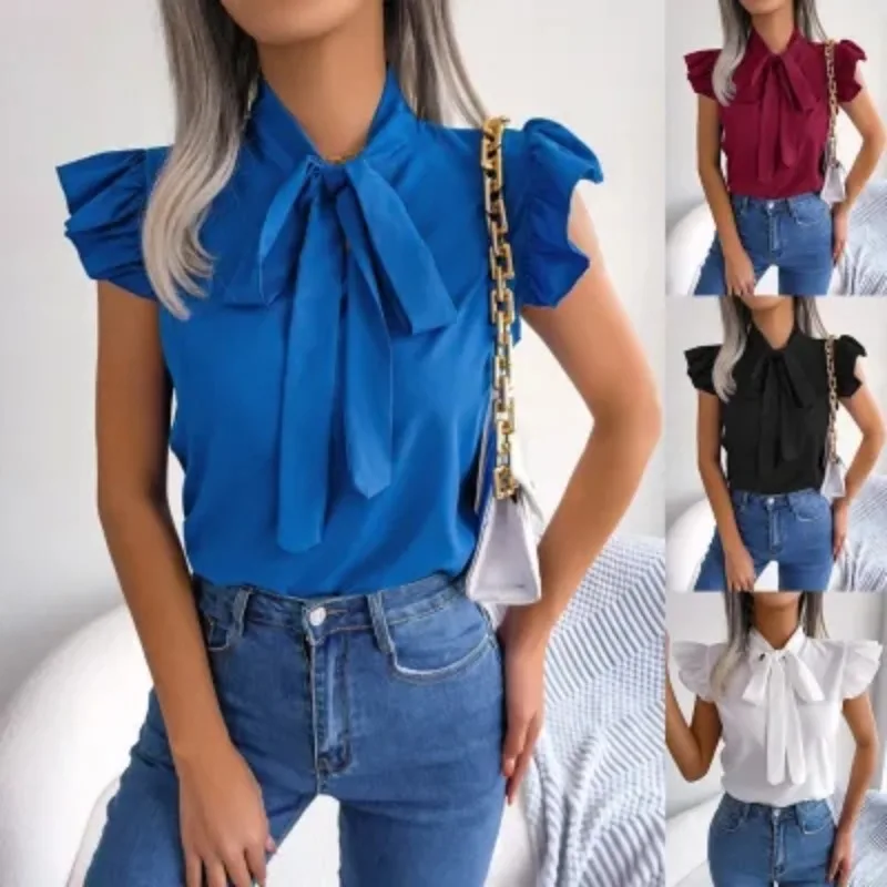 

Summer new women's solid color simple bow short sleeve shirt