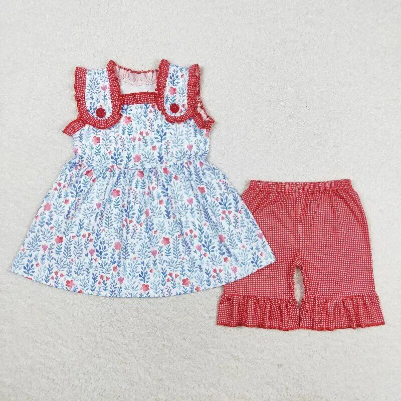 

Baby Girls Floral outfits summer clothing Toddlers wholesale boutique Baby Short Sleeves Top red Shorts Kids new arrival sets