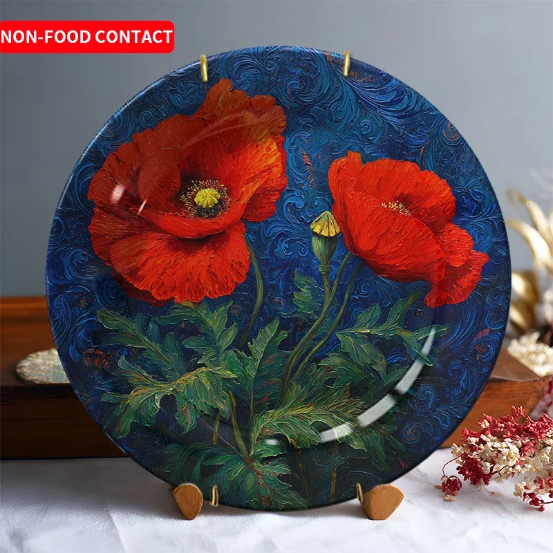 1pc Blue Round Ceramic Decorative Plate Hand-Painted Red Poppy Art Plate Wall Home Decoration Ornament Non-Food Contact for