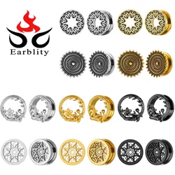 Earblity 2PCS Stainless Steel Flower Hollow Out Ear Gauges Ear Plugs Tunnels Piercing Women Body Jewelry Hypoallergenic